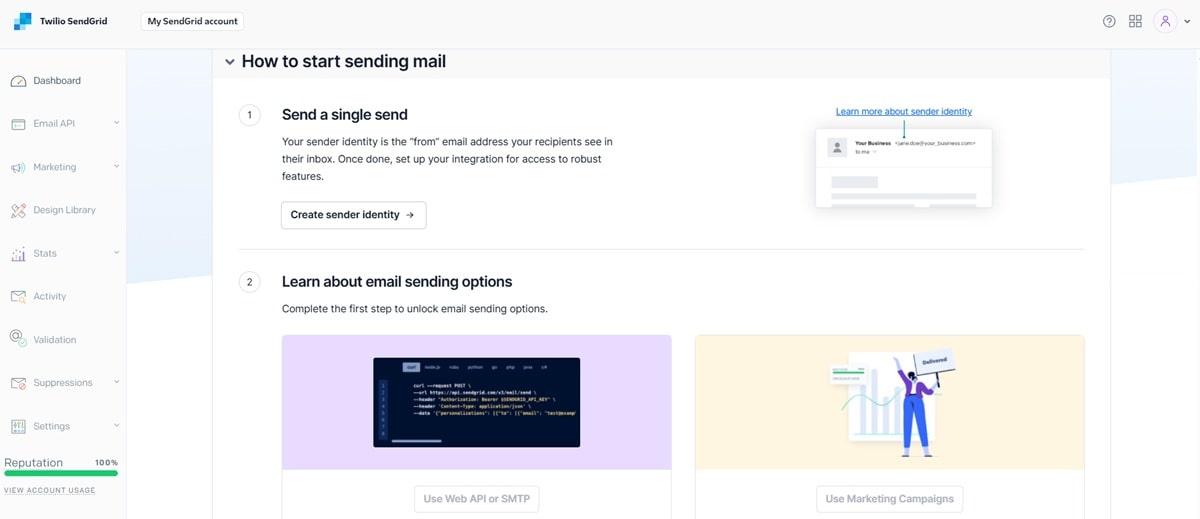 SendGrid SMTP service dashboard showing email analytics and delivery metrics